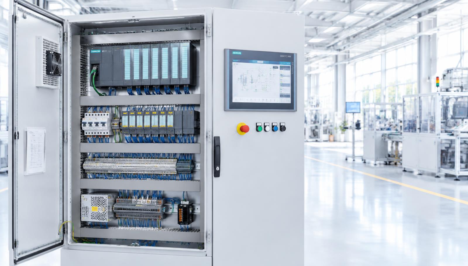 Schaltschrank mit SPS-Modulen und Bedienpanel